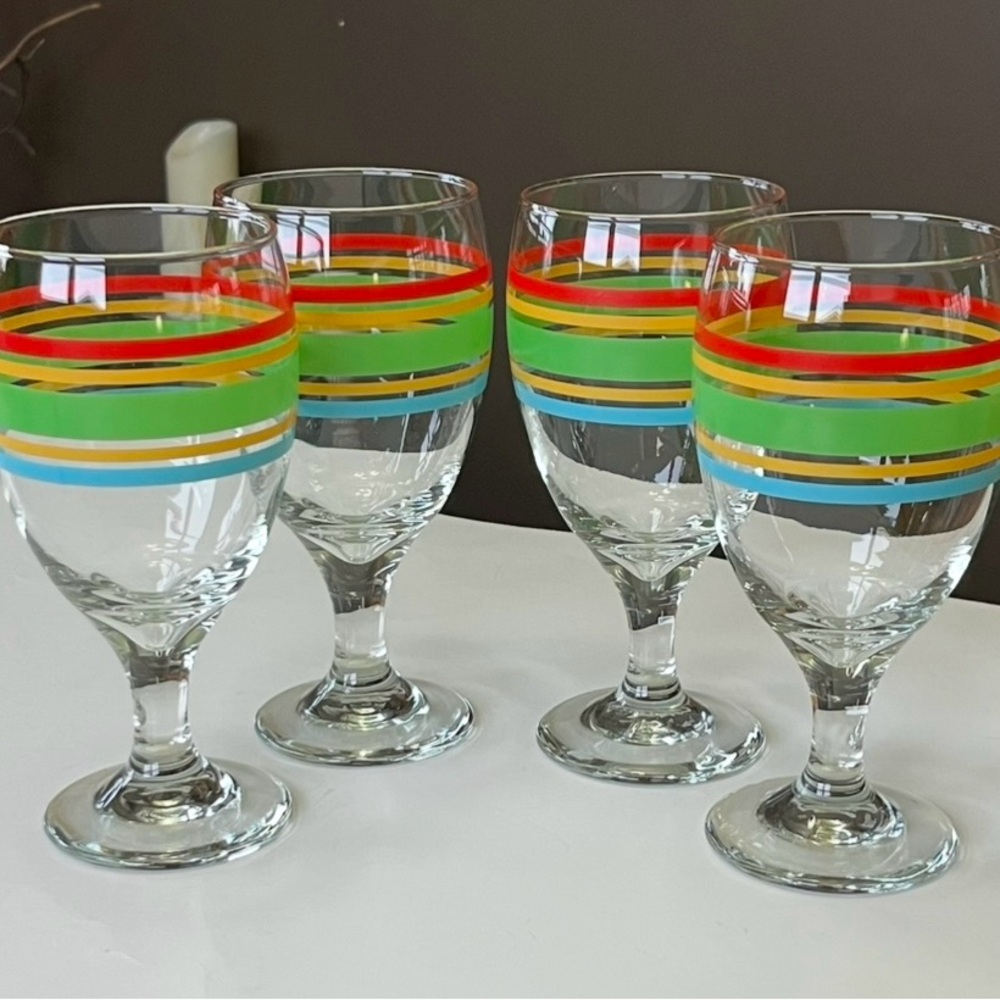 VTG Libbey Blown Glass stemware/goblets set/4 rainbow colored bands